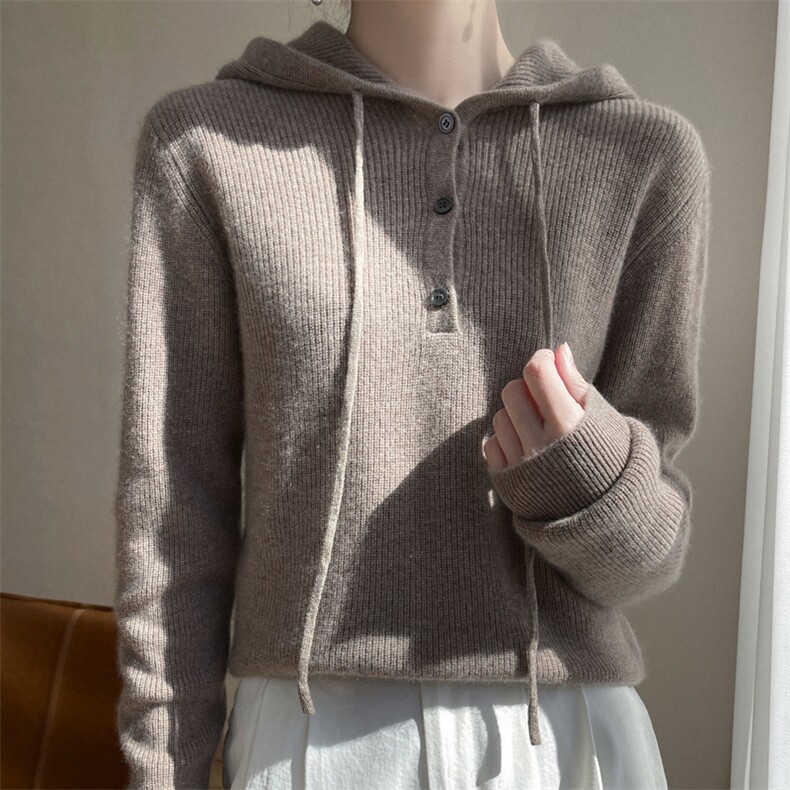 2023春秋新款连帽套头毛衣女百搭羊绒针织打底衫宽松复古卫衣帽衫，女装羊绒衫，轩妮羊绒