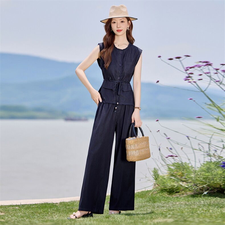 夏季薄款天丝牛仔套装女2025新款时尚巨好看无袖上衣阔腿裤两件套,女装套装/套裙,E百度