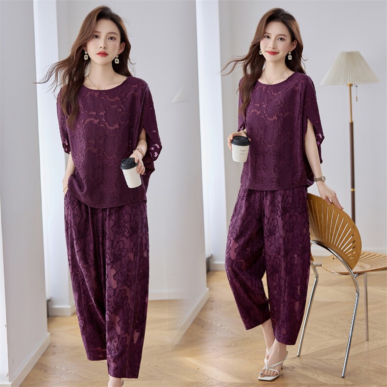 气质端庄大气中袖套装女2025夏季新款提花蝙蝠衫遮肚阔腿裤两件套，女装套装/套裙，缘衣格