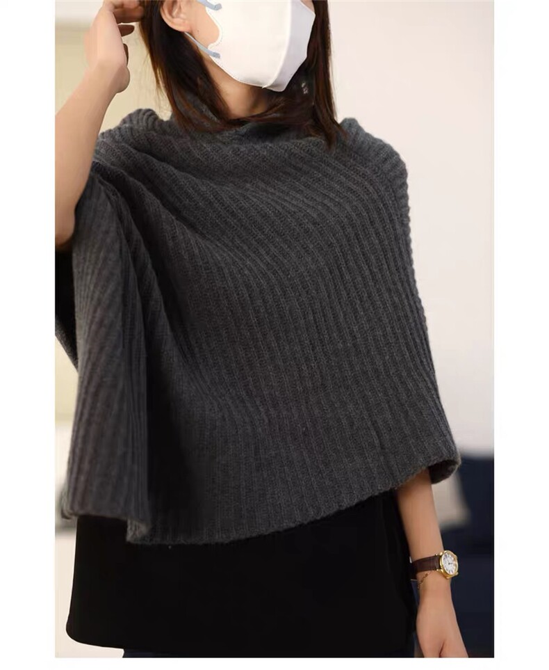 高领套头羊毛针织披肩女斗篷宽松百搭毛衣针织外搭,女装羊毛衫,思途羊绒