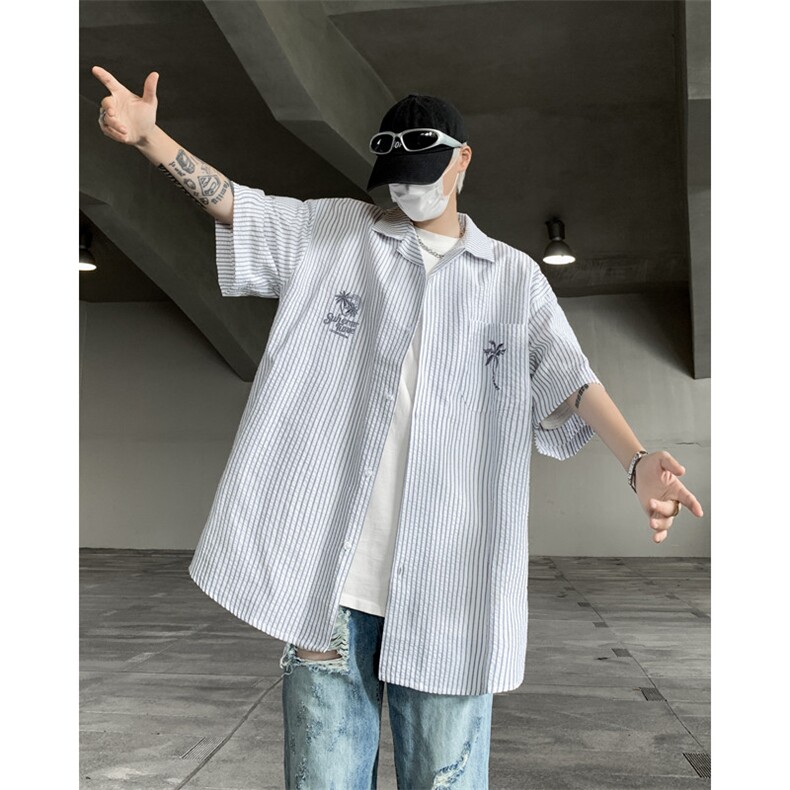 竖条纹衬衫男士短袖港风潮流文艺帅气刺绣2024夏季外套CY891-P43,男装衬衫,星座412-2