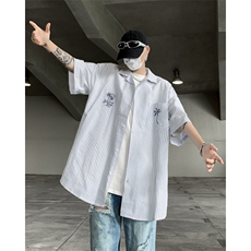 竖条纹衬衫男士短袖港风潮流文艺帅气刺绣2024夏季外套CY891-P43，男装衬衫，星座412-2