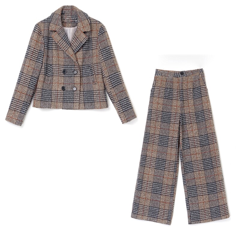 2024新款女装冬两件套裤大码格子毛呢外套阔腿裤休闲时尚套装女潮，女装套装/套裙，香莘料