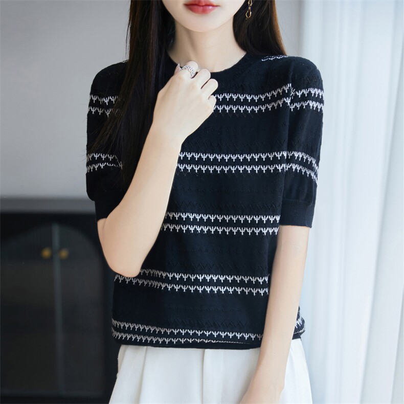 纯棉线条纹圆领针织短袖T恤女2025夏薄款舒适时尚打底半袖t恤上衣图片