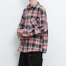 港风大码日子复古贴袋刺绣翻领格子长袖衬衫XZ213-CS8809-P55控68，男装衬衫，星座213