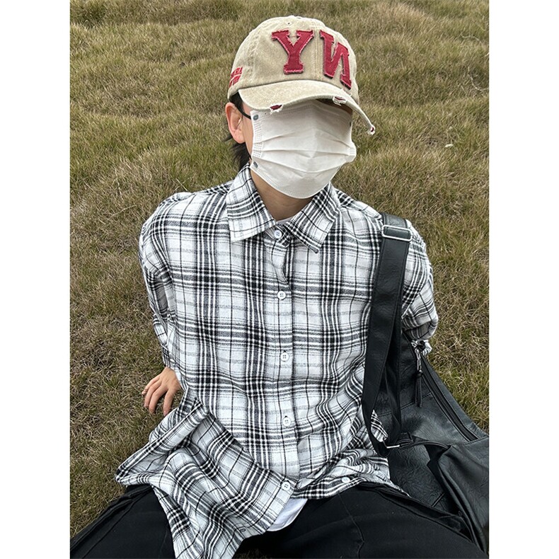 格子翻领长袖衬衫男宽松港风休闲百搭外套大码衬衣CS275-P35,男装衬衫,星座301C-5
