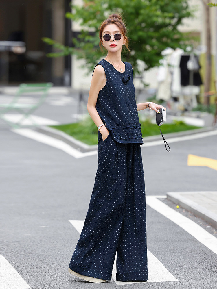 小香风套装女2025夏季新款超火减龄松弛感休闲波点无袖阔腿裤穿搭,女装套装/套裙,奕薇雅
