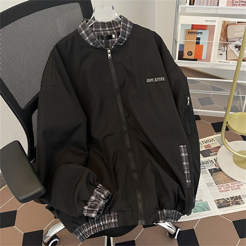 春款男立领夹克贴标工装拉链口袋条纹拼接外套JK673 P60图片