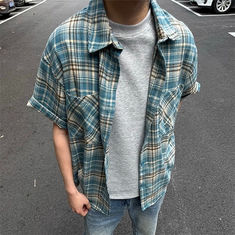 美式复古蓝色格子衬衫男款街头潮宽松慵懒休闲风外套上衣YCS70图片