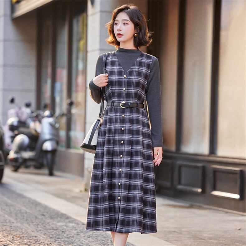 长袖格纹连衣裙女2025新款春秋气质高级感格子小香风背心裙套装,女装套装/套裙,意芙