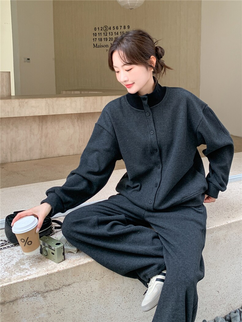 灰色松弛感加绒加厚立领卫衣两件套女2025冬季新款学院风显瘦卫裤,女装套装/套裙,艾米莉亚