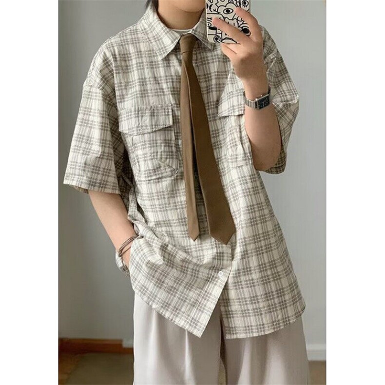 vintage美拉德衬衣宽松格纹设计感短袖工装衬衫男女夏季CS139,男装T恤,星座1116A（原606A-3）