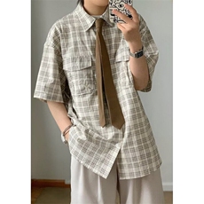 vintage美拉德衬衣宽松格纹设计感短袖工装衬衫男女夏季CS139，男装T恤，星座1116A（原606A-3）