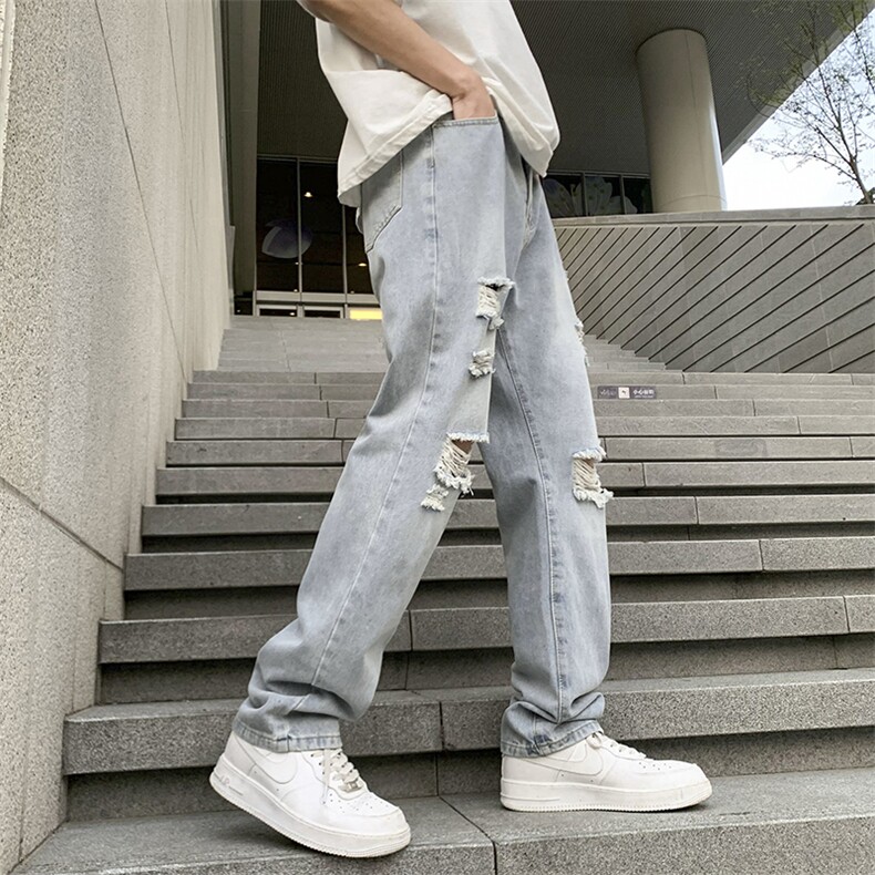 设计感小众破洞直筒牛仔裤男春季高街美式复古阔腿裤子潮743-P45,男装牛仔裤,电商A178