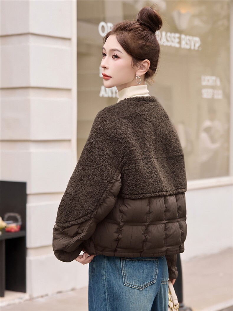 【现货现货】实体店好款羊羔毛拼接轻薄羽绒服短款90白鸭绒外套,女装羽绒服,一安秀