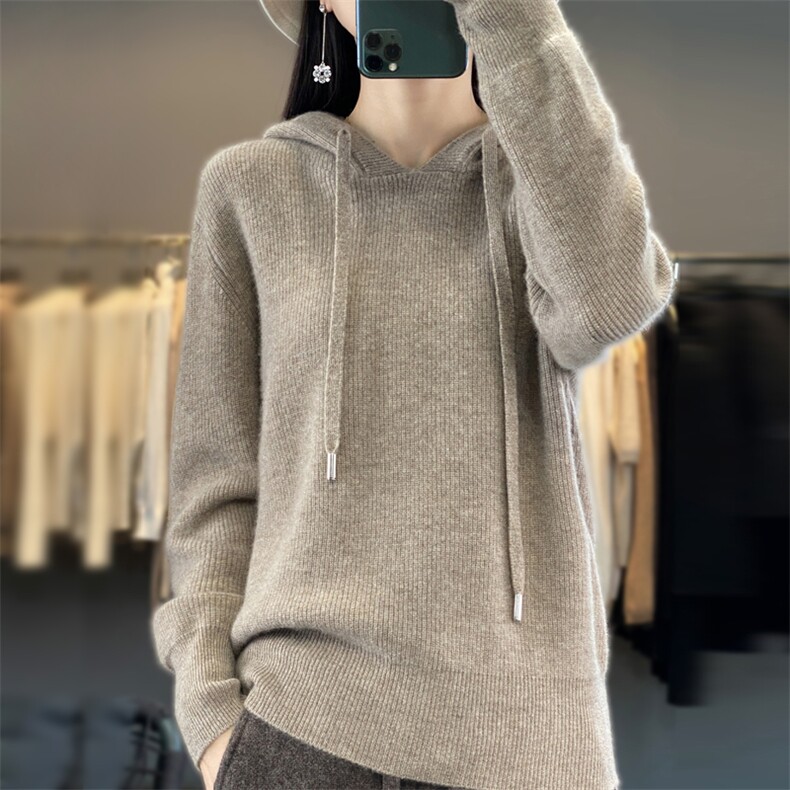 秋100羊毛衫连帽针织套头卫衣女宽松慵懒元宝针带帽打底帽衫,女装羊毛衫,邦太羊绒