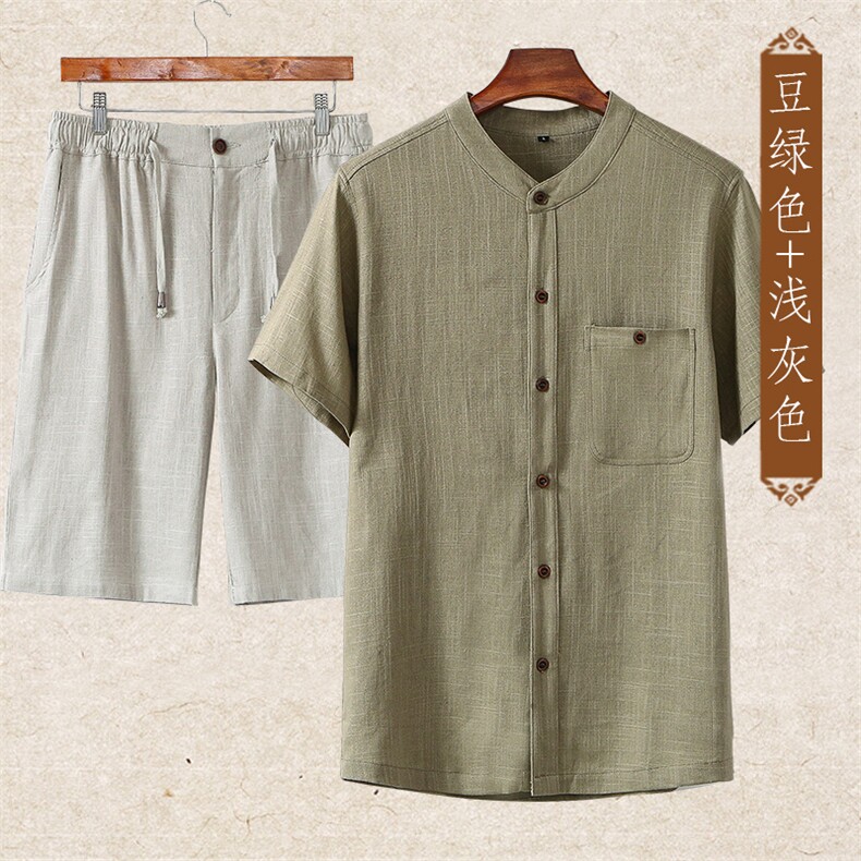 主推款男装中老年亚麻立领短袖T恤短裤套装中年棉麻休闲大码短袖，男装中老年男装，钱塘723
