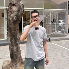 【有货】DTA200-P48浅灰色假两件短袖男夏季拼接格子翻边袖T恤，男装T恤，星座603-2