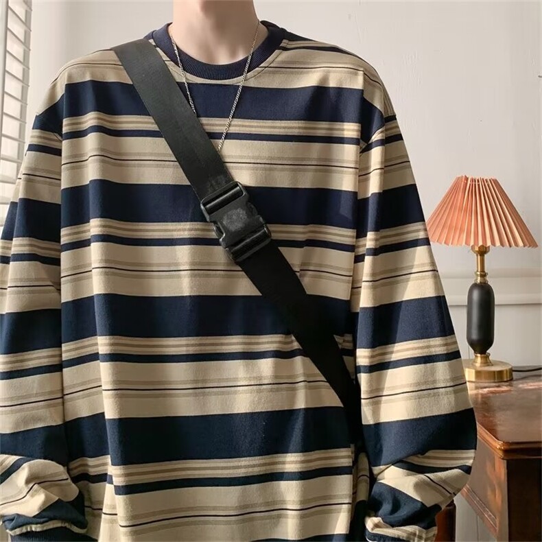 高质量复古条纹美式街头圆领T恤上男衣女秋休闲款上衣A180/P45,男装T恤,星座506