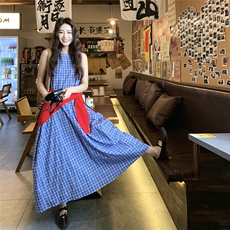 蓝色复古格子无袖连衣裙女2025夏季新款文艺学院风气质减龄背心裙，女装连衣裙，2C159
