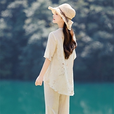 2026年春季文艺风短袖宽松苎麻，女装衬衫，江南依恋