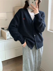 长袖纯色2024年秋季V领单排扣纯色百搭宽松针织衫，女装羊毛衫，百纯羊绒