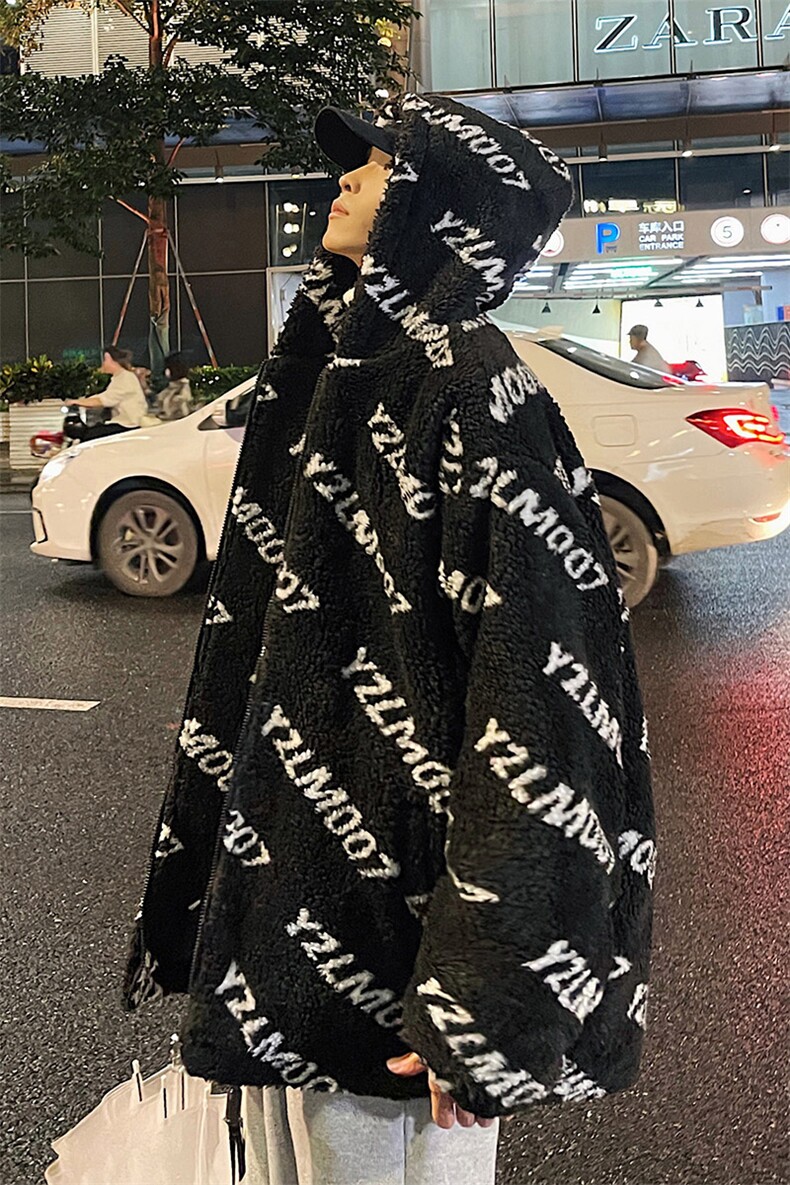 夜景港风字母羊羔毛棉衣男连帽棉服男外套男8710P105控148,男装棉衣,星座226-1