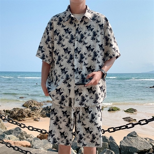 特批P50无差价夏季冰丝薄款垂感蝴蝶印花大码短袖衬衫短裤男TZ330图片