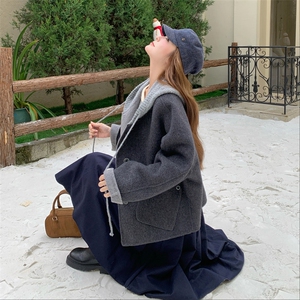 现货新款秋冬新款针织连帽拼接长袖羊绒外套女短款双面羊绒大衣潮图片