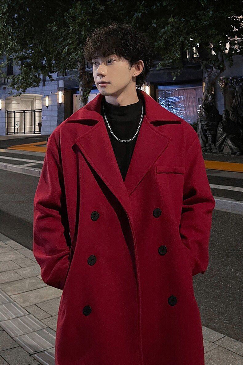 外景秋冬宽松中长款毛呢大衣男潮牌厚款英伦风衣外套MN9538/P100,男装风衣,电商B316