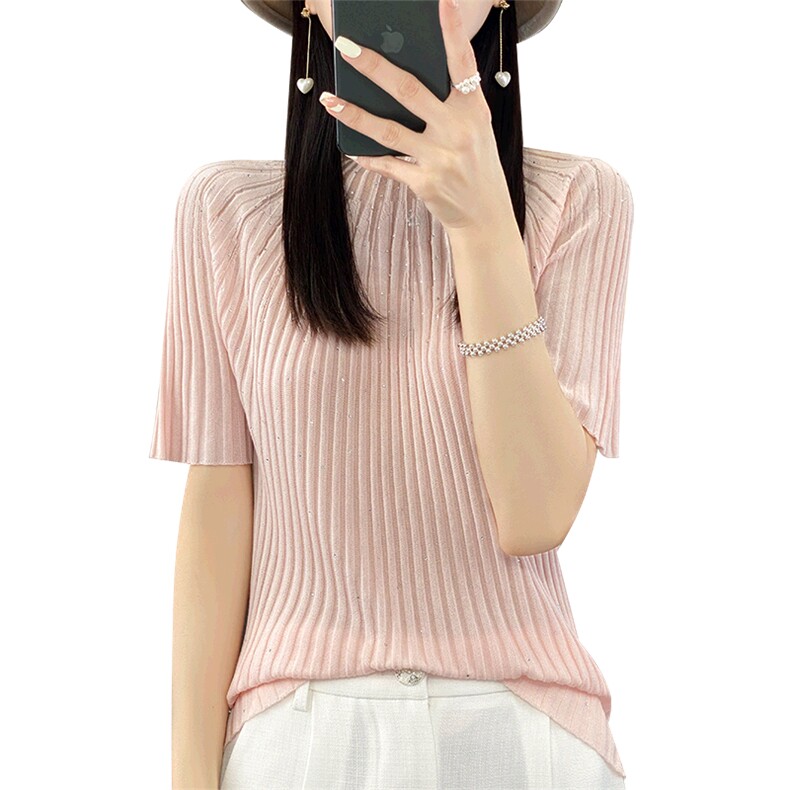 时尚洋气亮片薄款羊毛针织衫短袖女夏季宽松半袖套头T恤冰丝上衣,女装T恤,暖烁羊绒