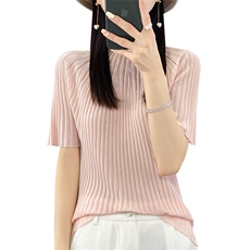 时尚洋气亮片薄款羊毛针织衫短袖女夏季宽松半袖套头T恤冰丝上衣，女装T恤，暖烁羊绒
