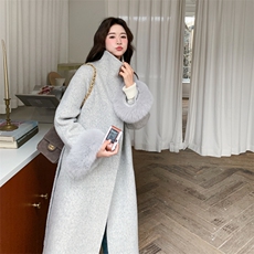 现货双旦主推款双面羊毛呢过膝长袖狐狸毛可拆卸加厚羊毛大衣，女装双面呢大衣，丝露怡语
