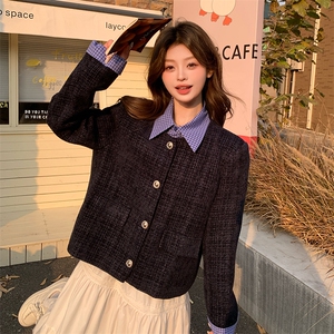 藏青色小香风外套女春季2025新款韩系小个子设计感假两件短款上衣图片