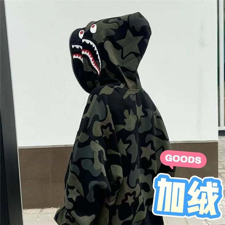 美式复古双帽迷彩连帽卫衣加绒加厚拉链开衫男女秋冬oversize外套,女装短外套,星座506A