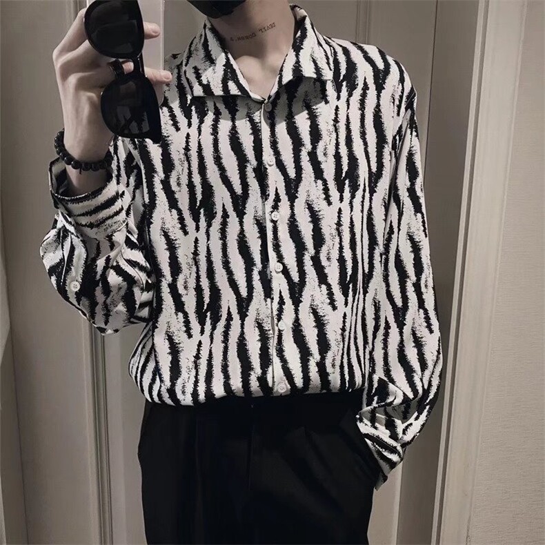 C46-P30高级感情侣装夏季斑马纹长袖衬衫男韩版宽松痞帅,男装衬衫,电商B323A