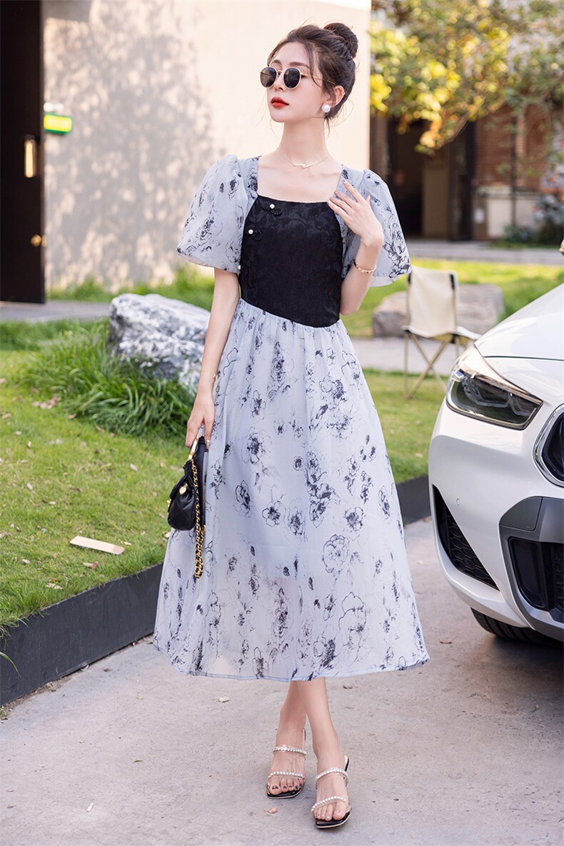 2023夏季花色拼接通勤淑女透气复古工艺盘扣连衣裙,女装连衣裙,韩蜜菓