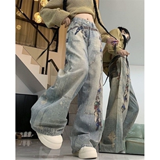 高腰印花阔腿牛仔裤女夏季小个子宽松直筒显瘦垂感拖地裤NA202，男装牛仔裤，星座1116A（原606A-3）