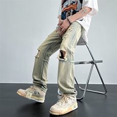 水洗黄泥染破洞牛仔裤男美式高街vibe小脚裤直筒乞丐裤GN6021-p45，男装牛仔裤，星座1008