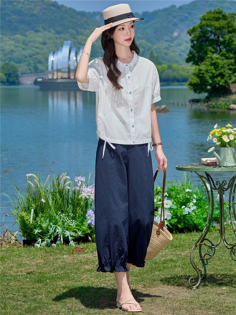2026夏季新款薄款上衣女花边领气质休闲百搭衬衫套装女藏青直筒裤,女装套装/套裙,梦懿尔