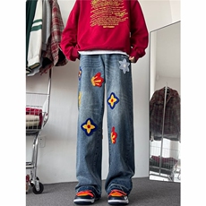 美式高街牛仔裤男韩版潮刺绣花朵直筒2024秋冬ins长裤RK1357-P53，男装牛仔裤，星座412-3