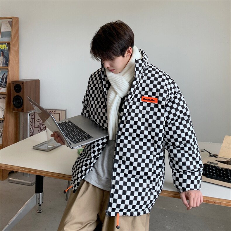 2024年冬季格子立领情侣外套男生潮牌宽松休闲格子加厚棉服,男装棉衣,电商A409-1