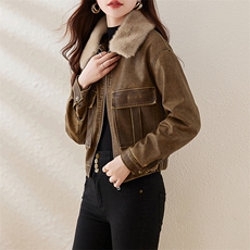 复古加绒皮衣外套女小个子短款2024冬装新款配毛领修身机车服夹克，女装皮衣，潮流依族