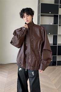 美式复古拉链pu皮衣夹克男女款春秋季街头机车服宽松潮牌外套ins图片