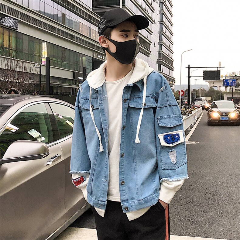 男式牛仔假两件破洞牛仔外套休闲个性潮流连帽夹克J,男装夹克,电商B226-2（原B217-2）