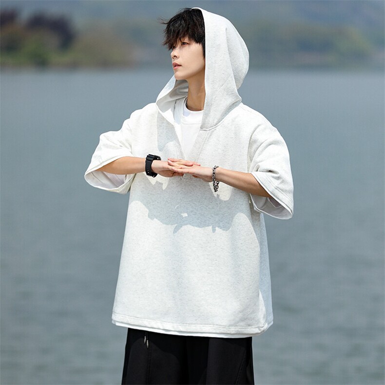 8XL-M假两件短袖卫衣连帽t恤男夏季薄款宽松大码学生半袖DT007P48,男装T恤,电商B312