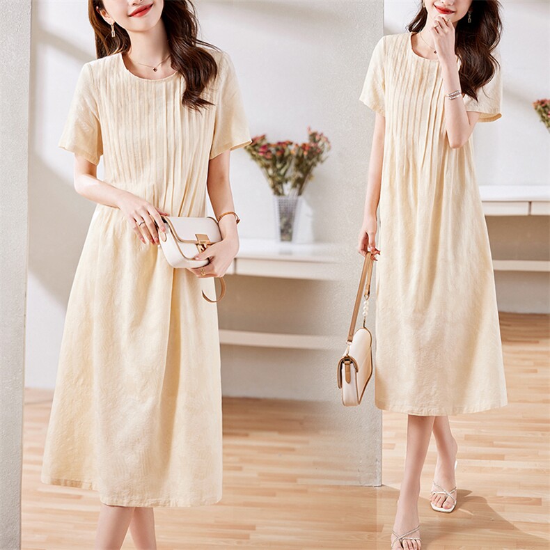 时尚气质纯色连衣裙2025年夏季新款淑女温柔甜美圆领中长款裙子，女装连衣裙，天丽