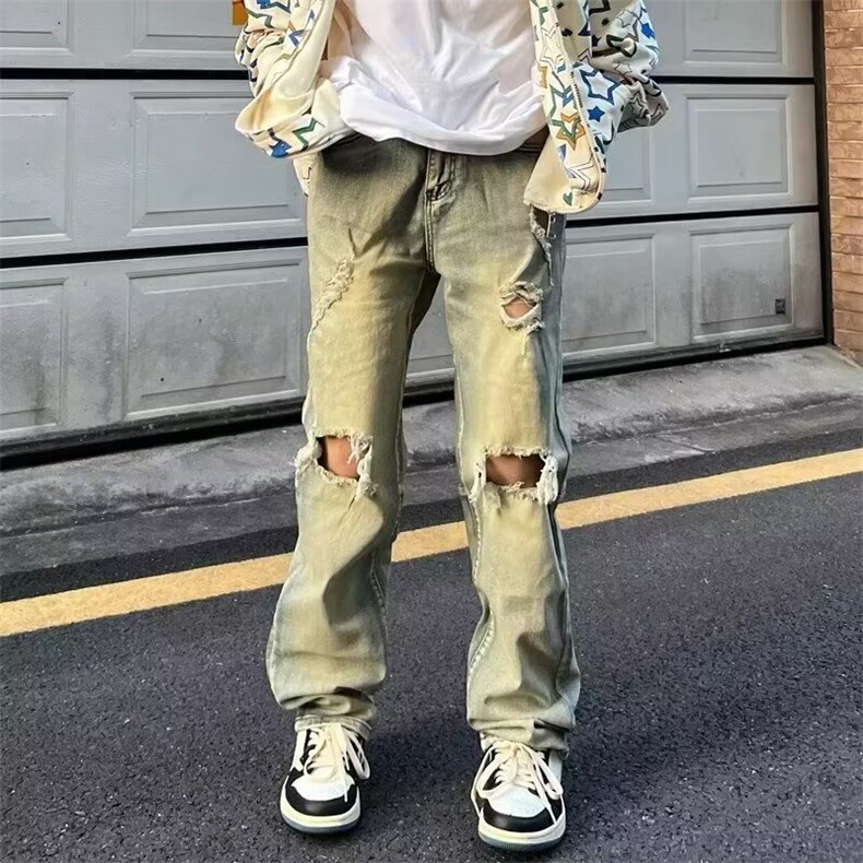夏季黄泥色膝盖破洞牛仔裤男显瘦水洗做旧百搭长裤高街男女款潮牌,男装牛仔裤,星座506A