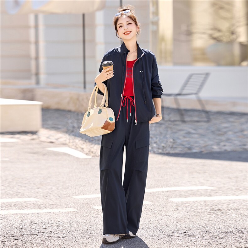 休闲撞色拼接工装套装女2025春秋新款干练时尚高级感阔腿裤三件套,女装套装/套裙,意芙