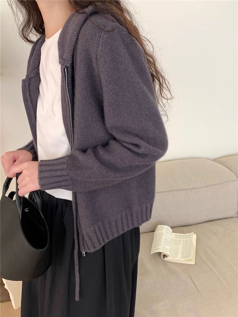 长袖纯色2024年秋季拉链连帽时尚简约纯色针织羊毛衫，女装羊毛衫，戎咖羊绒
